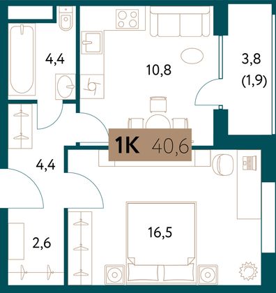 40,5 м², 1-комн. квартира, 6/15 этаж