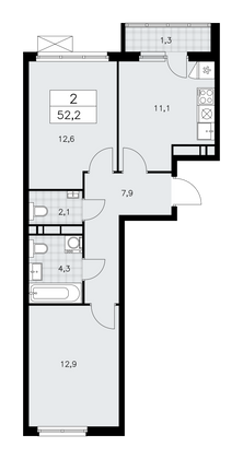 52,2 м², своб. планировка, 11/16 этаж