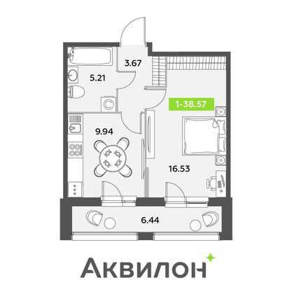 38,6 м², 1-комн. квартира, 1/12 этаж