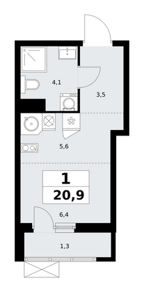 20,9 м², своб. планировка, 4/11 этаж