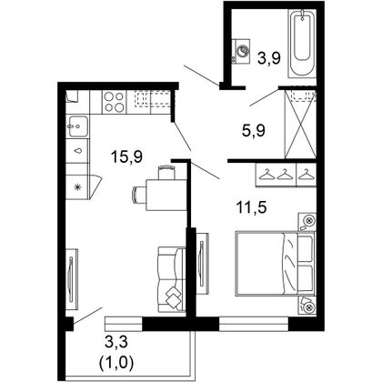 38,2 м², 1-комн. квартира, 1/17 этаж