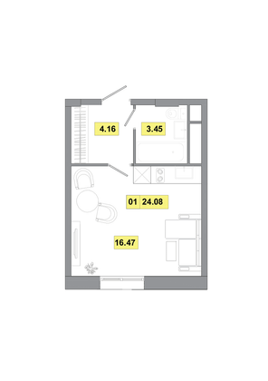 24,1 м², 1-комн. квартира, 2 этаж
