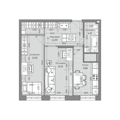 53,2 м², 2-комн. квартира, 16/25 этаж