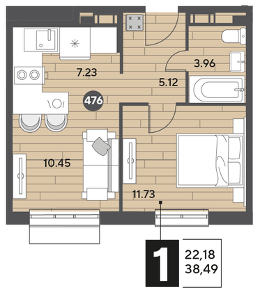 Продажа 1-комнатной квартиры 38,5 м², 2/15 этаж
