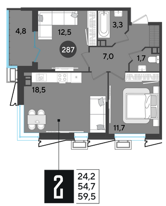 59,5 м², 2-комн. квартира, 9/9 этаж