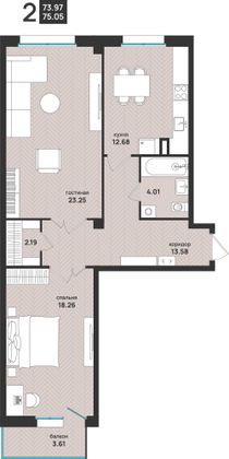 75,1 м², 2-комн. квартира, 2/13 этаж