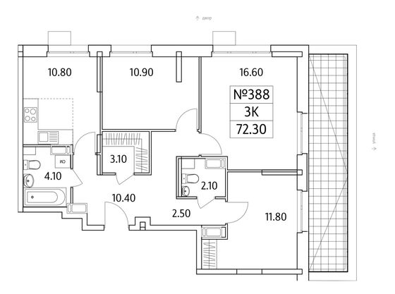 Продажа 3-комнатной квартиры 72,3 м², 14/25 этаж