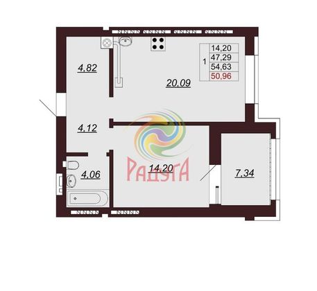 Продажа 1-комнатной квартиры 54,6 м², 7/9 этаж