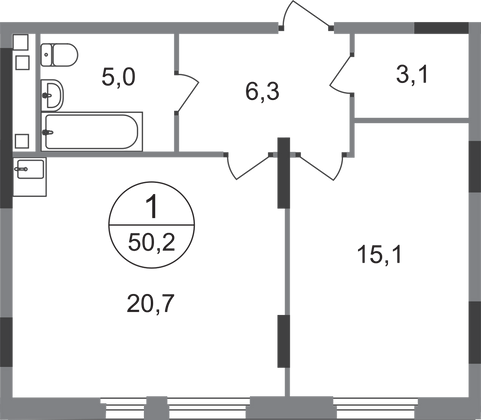 50,2 м², 1-комн. квартира, 6/17 этаж