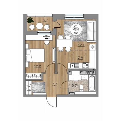 48,8 м², 2-комн. квартира, 7/22 этаж