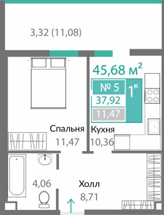 37,9 м², 1-комн. квартира, 1/10 этаж