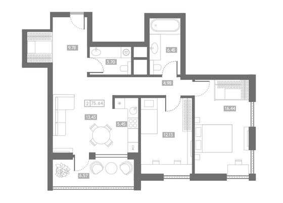 75,6 м², 2-комн. квартира, 4/24 этаж