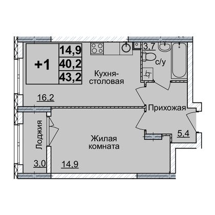 Продажа 1-комнатной квартиры 43 м², 2/20 этаж