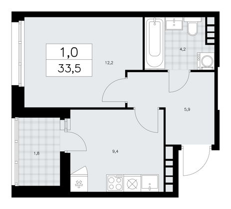 33,5 м², своб. планировка, 21/24 этаж