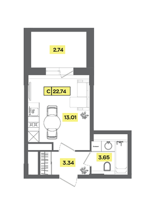 Продажа квартиры-студии 22,7 м², 7 этаж