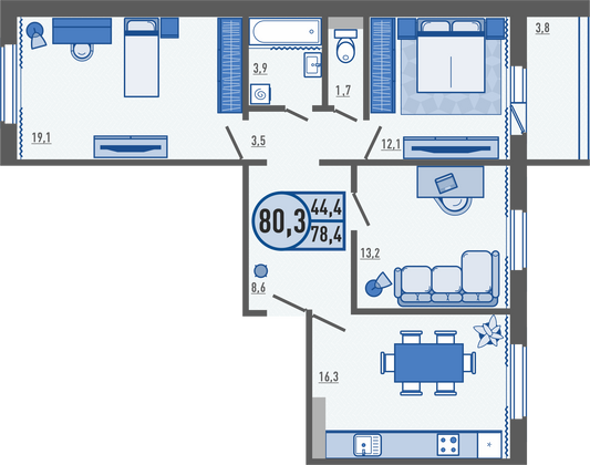 80,3 м², 3-комн. квартира, 16/16 этаж