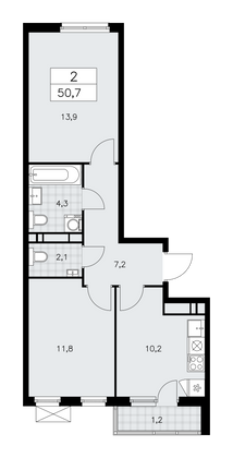 50,7 м², своб. планировка, 14/16 этаж