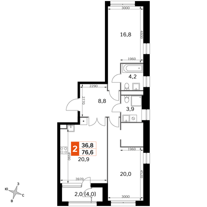 76,6 м², 2-комн. квартира, 32/44 этаж