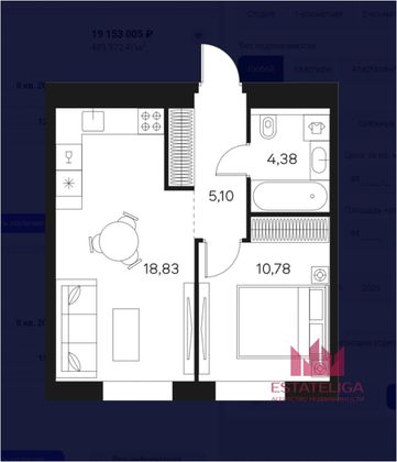 Продажа 1-комнатной квартиры 38,9 м², 19/20 этаж