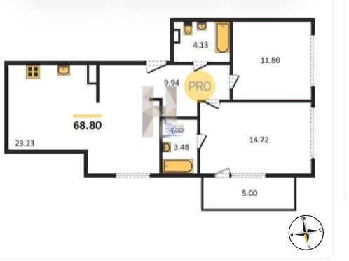 Продажа 2-комнатной квартиры 68,8 м², 2/8 этаж