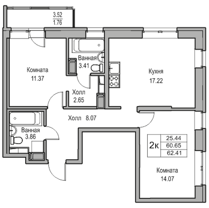 Продажа 2-комнатной квартиры 60,7 м², 6/23 этаж