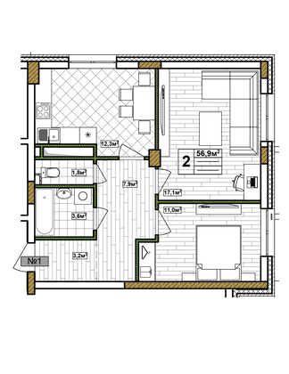 Продажа 2-комнатной квартиры 56,9 м², 1/17 этаж