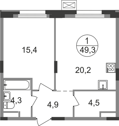 49,3 м², 1-комн. квартира, 4/9 этаж