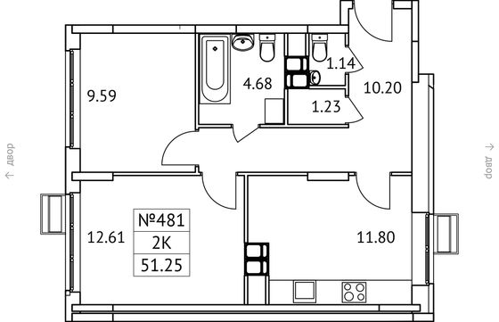 51,3 м², 2-комн. квартира, 14/17 этаж