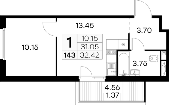 32,4 м², 1-комн. квартира, 2/15 этаж