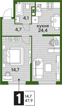 Продажа 1-комнатной квартиры 47,9 м², 6/19 этаж