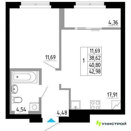 40,8 м², 1-комн. квартира, 3/27 этаж