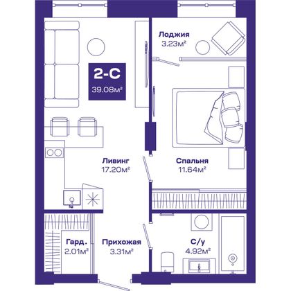 38,8 м², 2-комн. квартира, 6/8 этаж