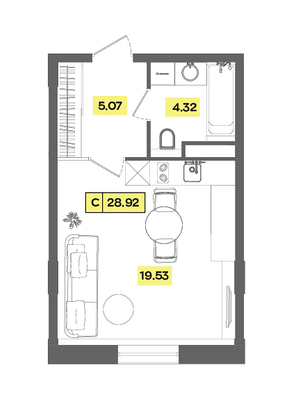 Продажа квартиры-студии 28,9 м², 4 этаж