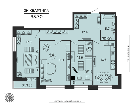 96,8 м², 3-комн. квартира, 9/25 этаж