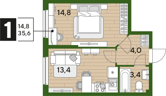 Продажа 1-комнатной квартиры 35,6 м², 2/16 этаж