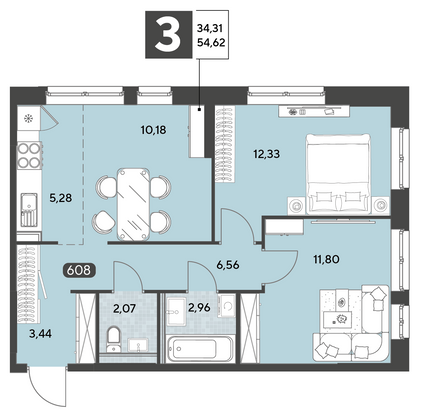Продажа 3-комнатной квартиры 54,6 м², 5/25 этаж