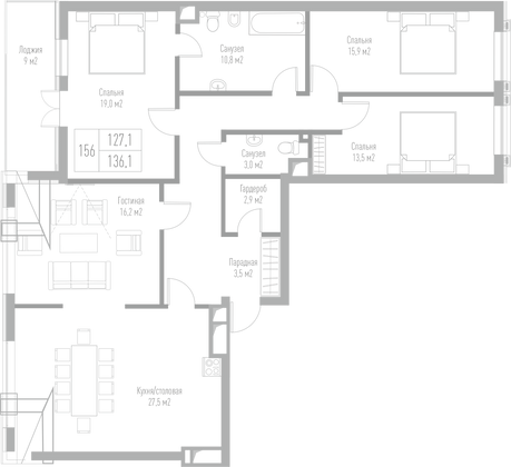 136,1 м², 4-комн. квартира, 6/8 этаж