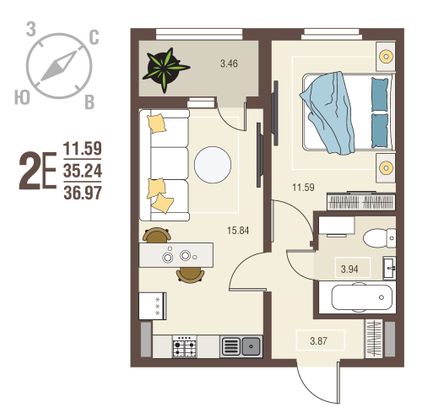 37 м², 1-комн. квартира, 2/10 этаж