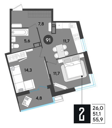 Продажа 2-комнатной квартиры 55,9 м², 11/18 этаж