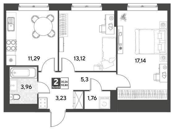 Продажа 2-комнатной квартиры 55,8 м², 14/21 этаж