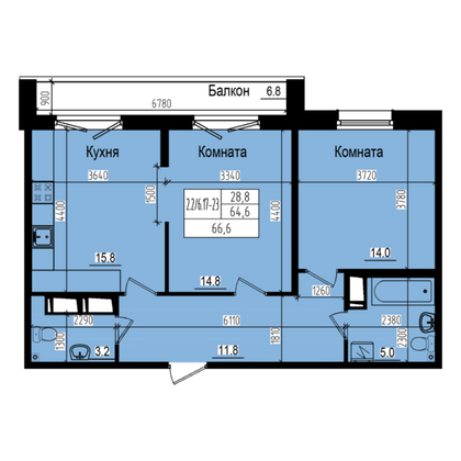 66,6 м², 2-комн. квартира, 22/23 этаж