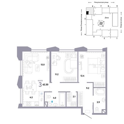 62,3 м², 3-комн. квартира, 23/30 этаж