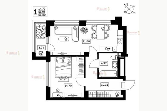 Продажа 1-комнатной квартиры 52 м², 9/25 этаж