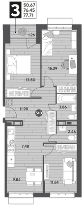 Продажа 3-комнатной квартиры 77,7 м², 9/15 этаж