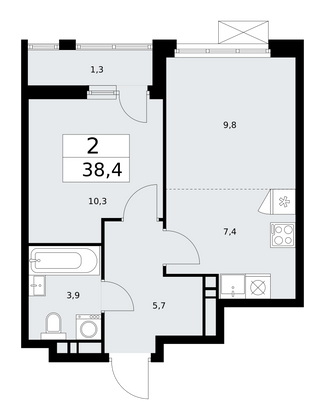 38,4 м², 2-комн. квартира, 10/18 этаж