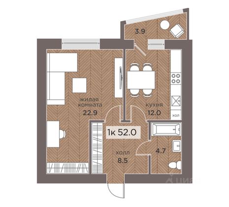 Продажа 1-комнатной квартиры 52 м², 11/14 этаж