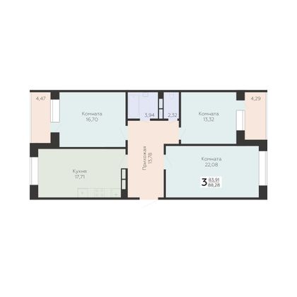 Продажа 3-комнатной квартиры 88,3 м², 2/17 этаж