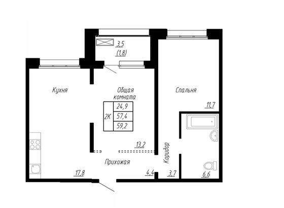 59,2 м², 2-комн. квартира, 9/17 этаж