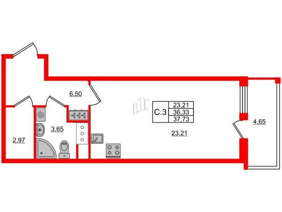 Продажа квартиры-студии 36 м², 6/19 этаж