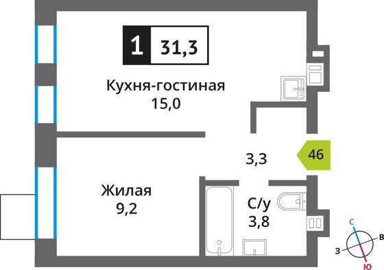 Продажа 1-комнатной квартиры 31,3 м², 2/6 этаж